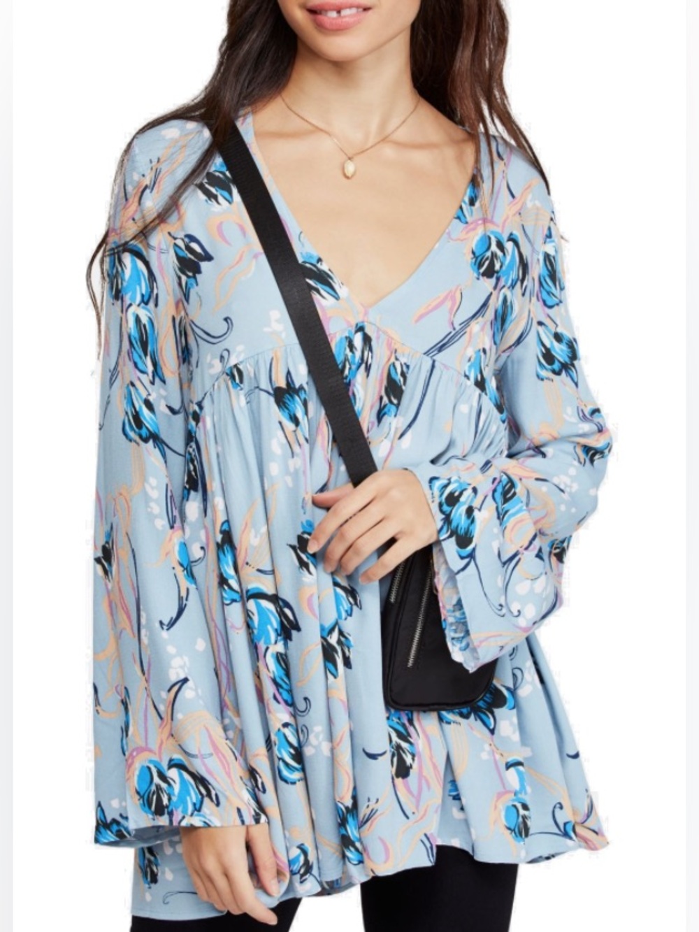 Free People Bella Print Floral Long Sleeve Tunic Top Size L